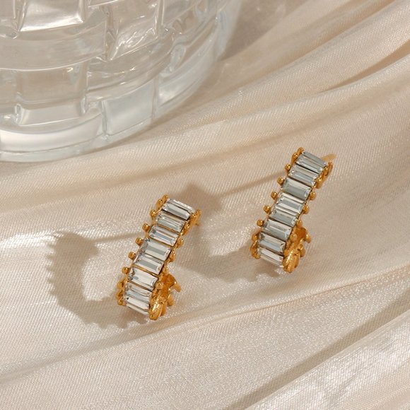 Small Sparkly Zircon J shape Chunky Hoop Earring 18K Gold Plated Stainless Steel - Picture 7 of 10